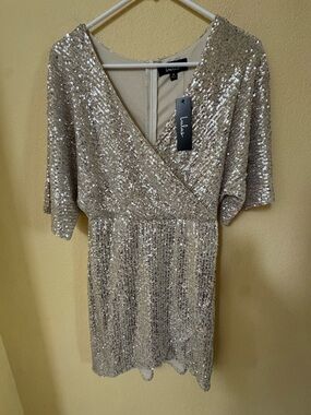 Lulus Gold Sequined Faux Wrap Mini Dress NWT Size Medium NWT